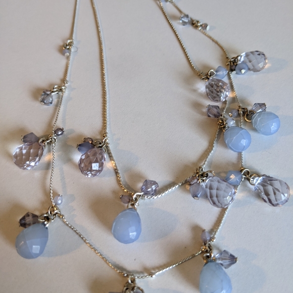 Silver two chain light blue and clear beaded necklace - Picture 4 of 7